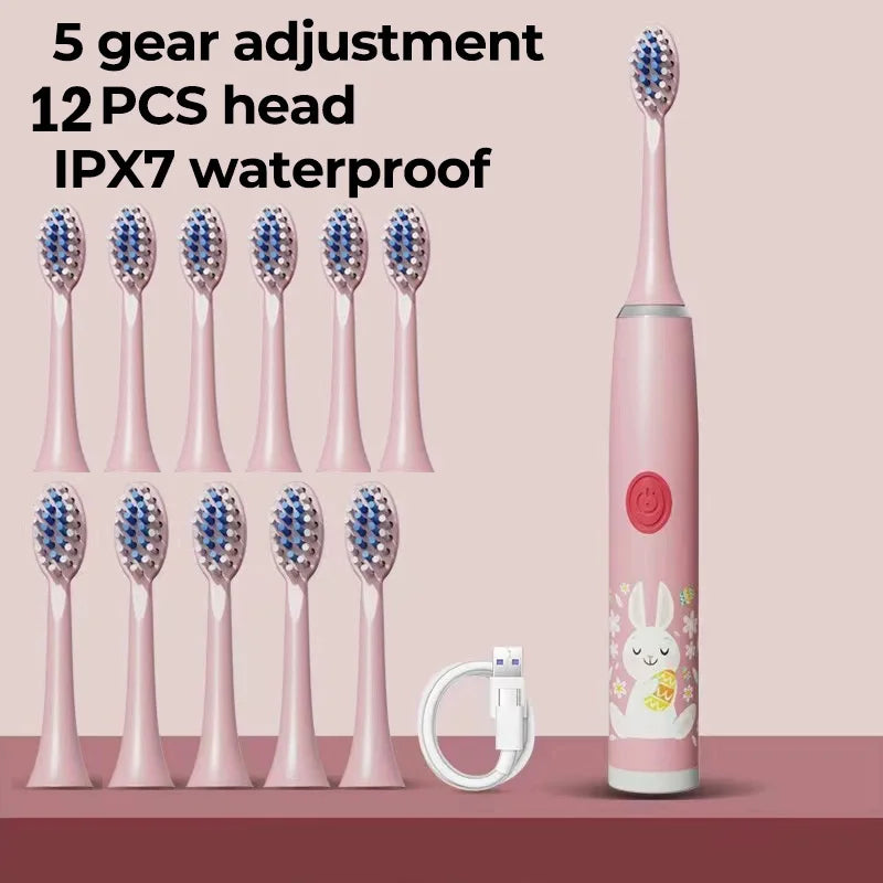 Children Electric Toothbrush Cartoon Kids With Replacement Head Ultrasonic IPX7 Waterproof Rechargeable Sonic Toothbrush