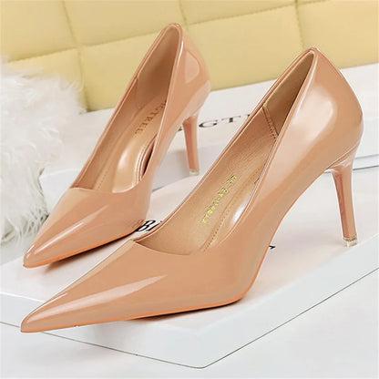 Women 7.5cm 10.5cm High Heels Wedding Bridal Classic Pumps Lady Scarpins Metallic Leather Low Heels Stiletto Nude Office Shoes