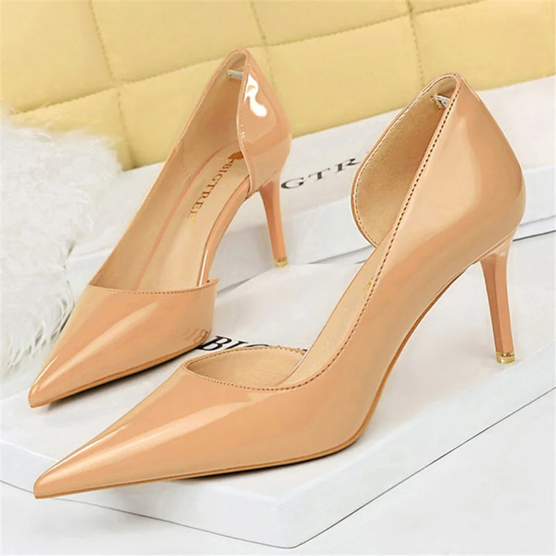 Women 7.5cm 10.5cm High Heels Yellow Pumps Office Sexy Stiletto Wedding Bridal Scarpins Short Heels Lady Sexy Hollow Party Shoes