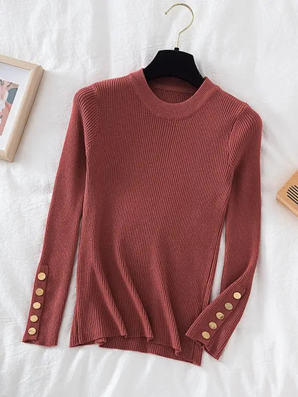 2024 women thick sweater pullovers khaki casual autumn winter button o-neck chic sweater female slim knit top soft jumper tops