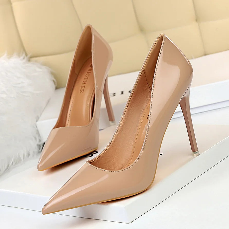 Women 7.5cm 10.5cm High Heels Wedding Bridal Classic Pumps Lady Scarpins Metallic Leather Low Heels Stiletto Nude Office Shoes