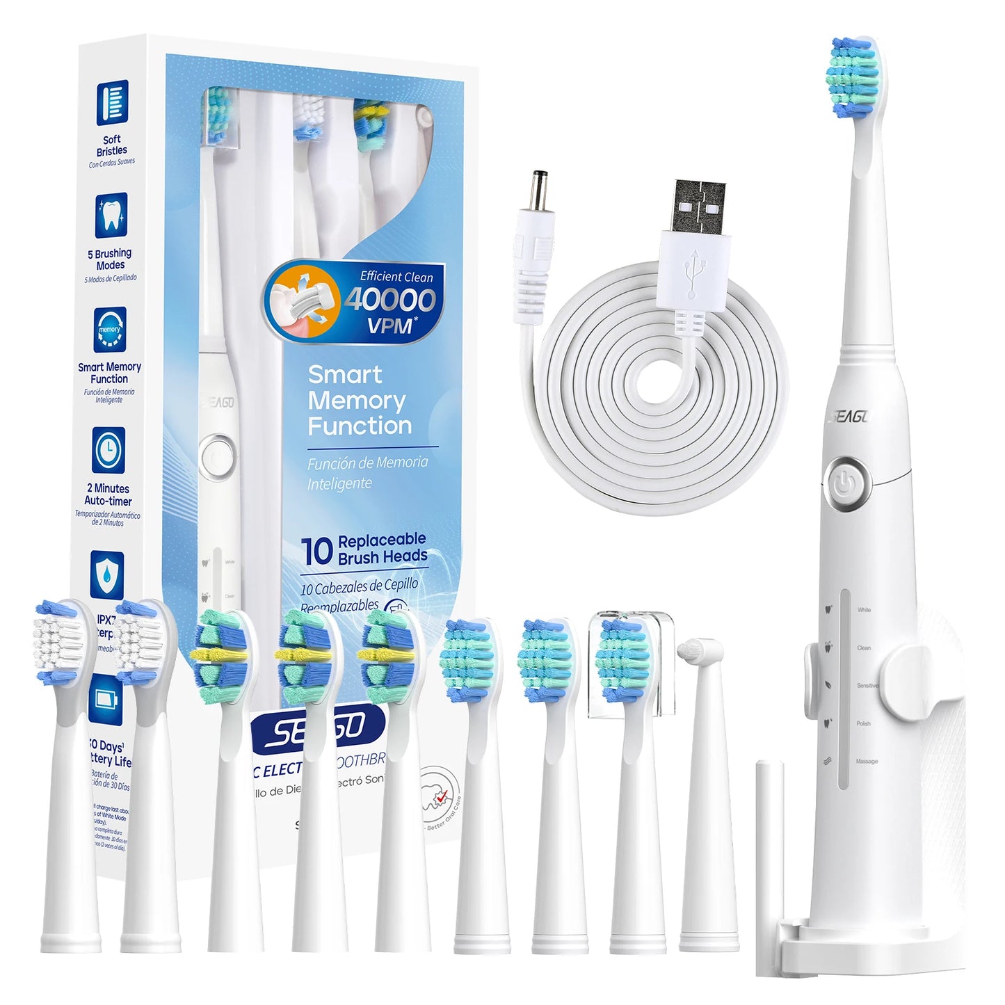 Seago Sonic Electric Toothbrush Tooth brush USB Rechargeable Adult Ultrasonic Teeth Cleaning 10 Replacement Toothbrush Heads