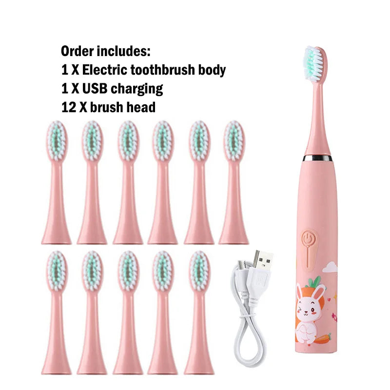 Children Electric Toothbrush Cartoon Kids With Replacement Head Ultrasonic IPX7 Waterproof Rechargeable Sonic Toothbrush