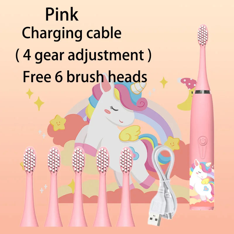 Child's USB Sonic Electric Toothbrush Rechargeable Colorful Cartoon Brush Kids Automatic IPX7 Waterproof With Replacement Heads