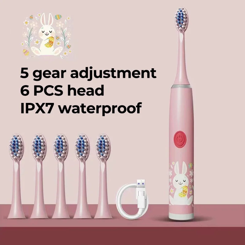 Children Electric Toothbrush Cartoon Kids With Replacement Head Ultrasonic IPX7 Waterproof Rechargeable Sonic Toothbrush