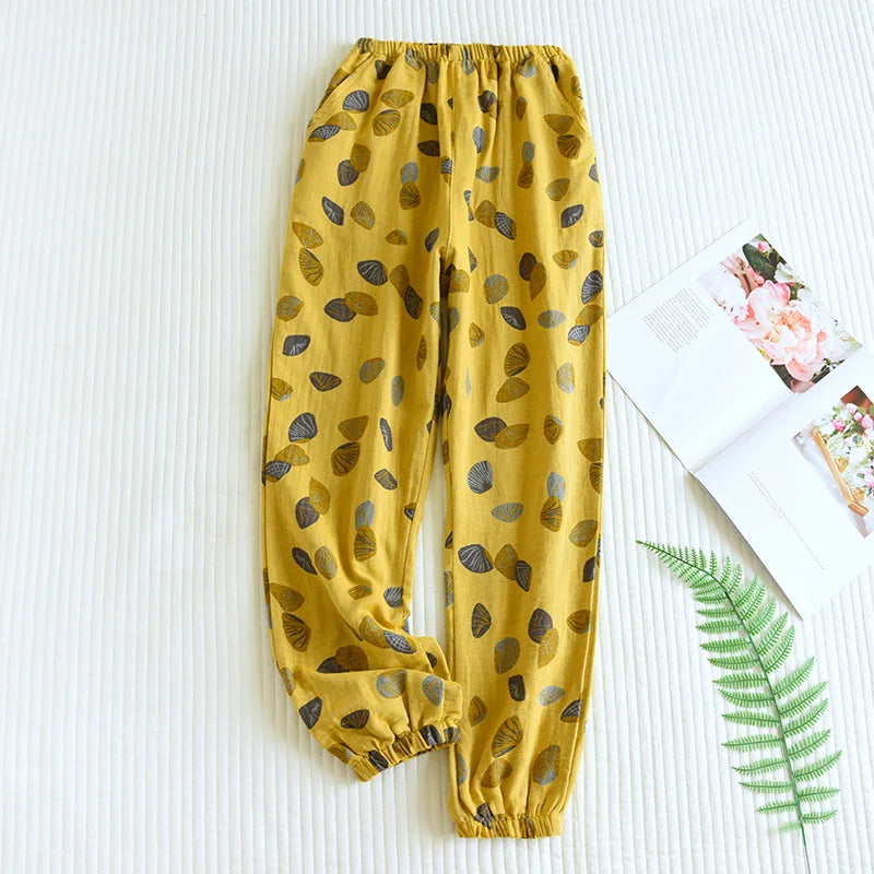 Spring Summer Women's Pajamas 100% Cotton Crepe Pants Women's Comfortable Loose Large Leaf Home Pants Thin bottoms