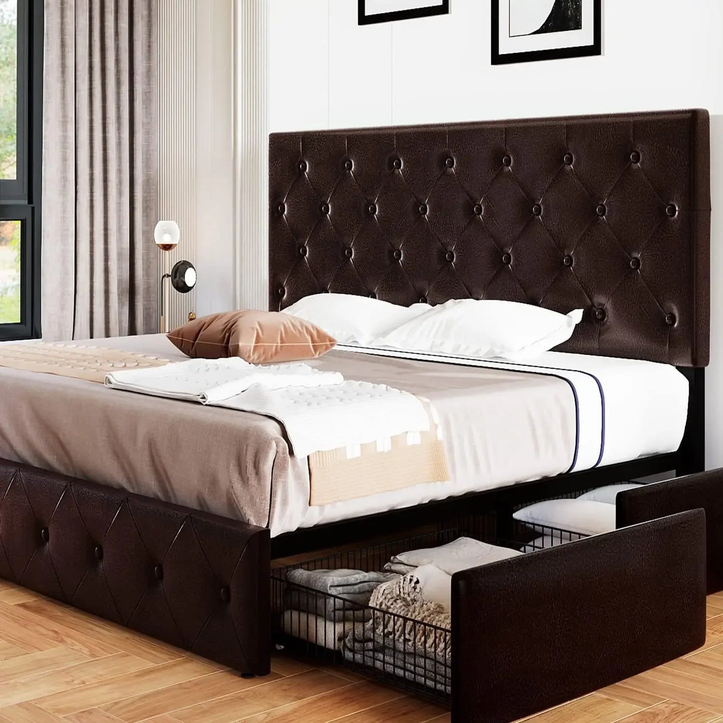 Bed Frame Upholstered Full-size Platform Beds Frames With 4 Storage Drawers And Headboard With Mattress Black Bed Frame