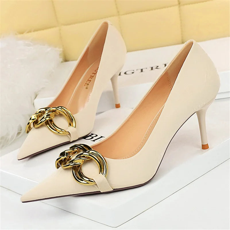 Women 7.5cm 9.5cm High Heels Escarpins Pumps Lady Metal Chain Low Heels Nightclub Slim Fit Party Green Office Prom Shoes