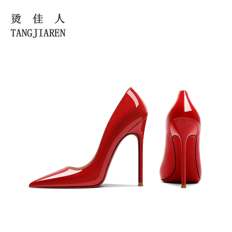 Black high heels, women's slim heels, pointed patent leather, sexy, professional shallow mouth, spring/summer new red soles