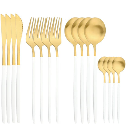 16Pcs Gold Stainless Steel Cutlery Set Knife Fork Spoon Dinnerware Matte Tableware Set Wedding Birthday Silverware Dinner