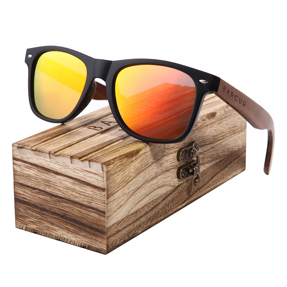 BARCUR Black Walnut Sunglasses Wood Polarized Sunglasses Men Glasses Men UV400 Protection Eyewear Wooden Original Box