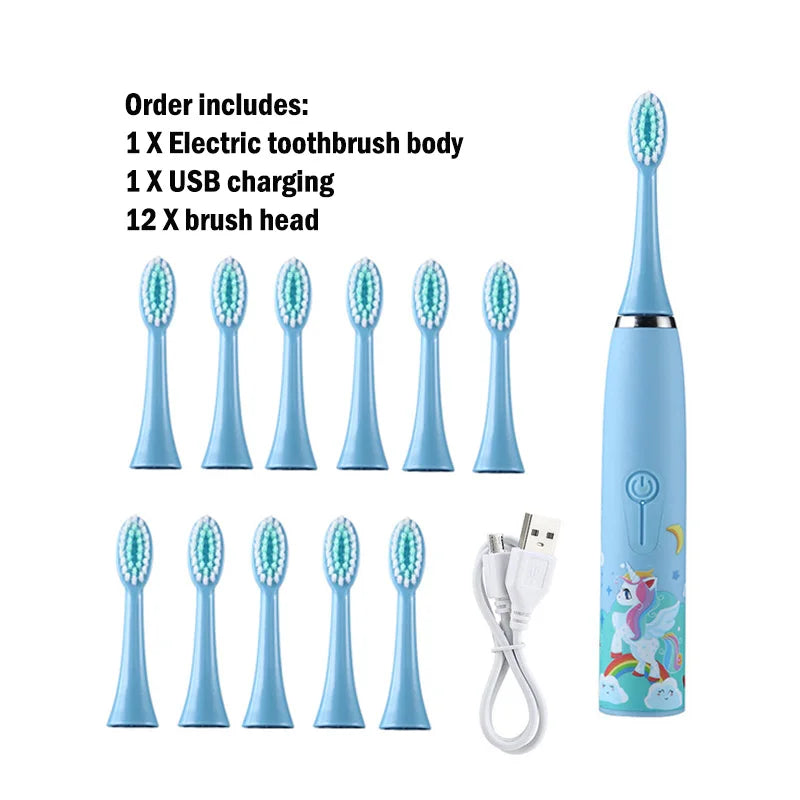 Children Electric Toothbrush Cartoon Kids With Replacement Head Ultrasonic IPX7 Waterproof Rechargeable Sonic Toothbrush