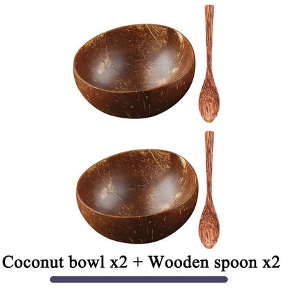 Women 12-15cm Natural Coconut Bowl Dinner Set Handmade Wooden Tableware Wood Spoon Dessert Fruit Salad Mixing Rice Ramen Bowl