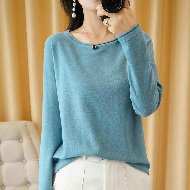 100% Cotton Women Knit Sweater Crimped Edge O-Neck Pullover Bottoming Pure Cotton Sweater Spring Autumn New Tops Clothes