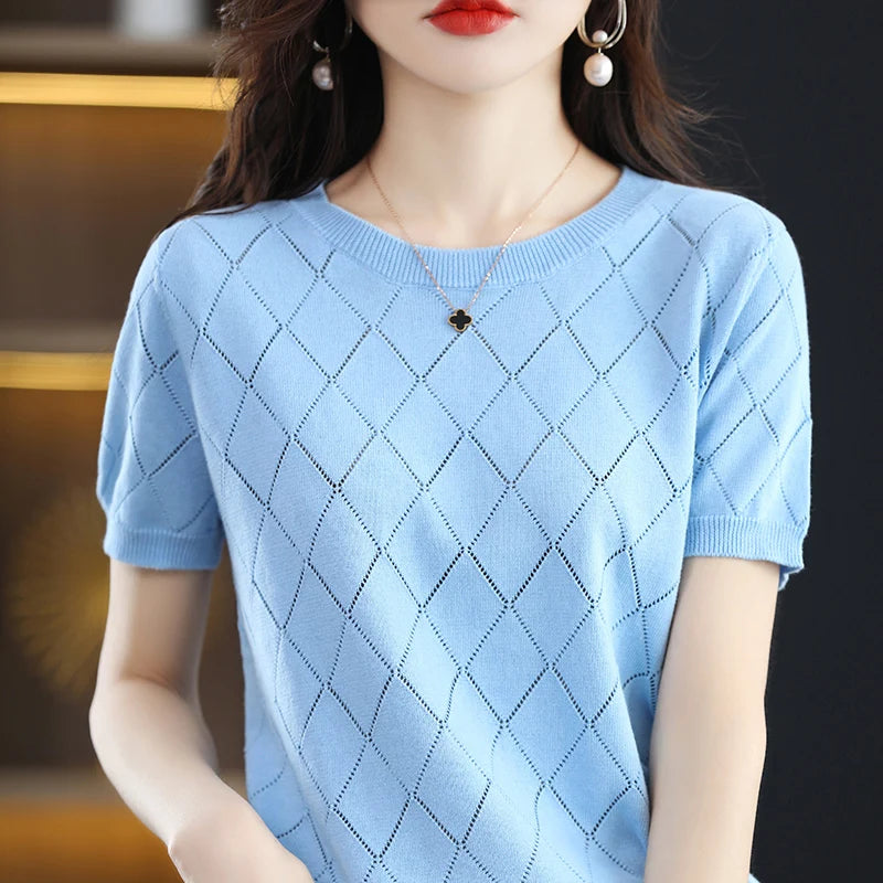 Women New Summer Short-sleeved Tees O-Neck Slim 100% Cotton Diamond Hollow Pullover T-shirt Knitted Base Casual Sweater