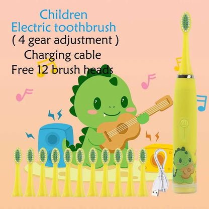 Child's USB Sonic Electric Toothbrush Rechargeable Colorful Cartoon Brush Kids Automatic IPX7 Waterproof With Replacement Heads