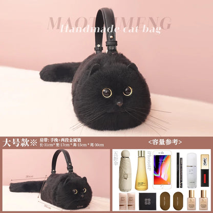 JIAERDI Lolita Plush Cute Cat Bag Women Harajuku Animal Circular Fur Soft Kawaii Hand Bag Female Sweet Cool Black Crossbody Bags