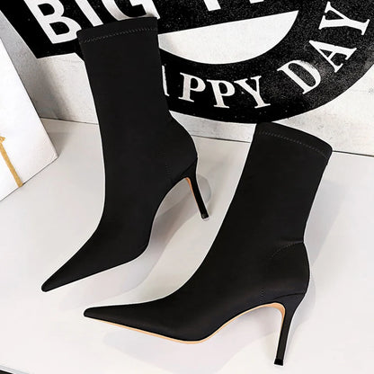 Women 7.5cm 10cm High Heels Silk Sock Boots Green Low Heels Short Ankle Boots Lady Winter Pointed Toe Satin Sexy Shoes