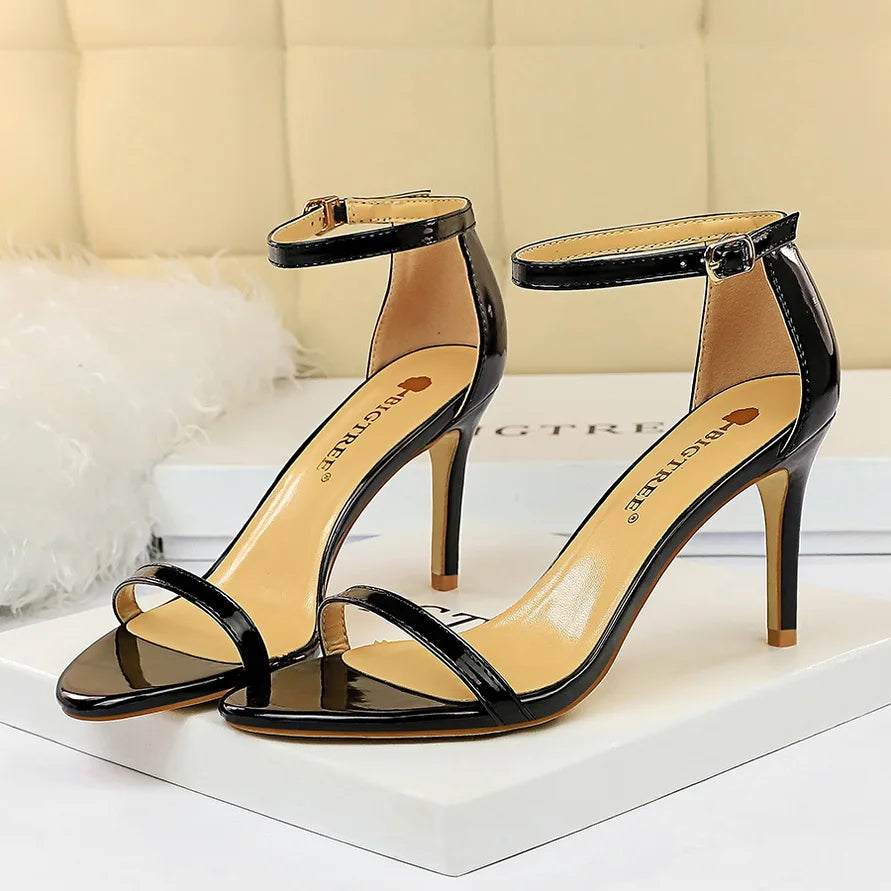 Women 8cm 11cm High Heels Sandals Gladiator Platform Strap Glossy Leather Pumps Lady Nude Low Heels Party Shoes