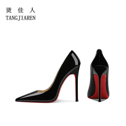 Black high heels, women's slim heels, pointed patent leather, sexy, professional shallow mouth, spring/summer new red soles