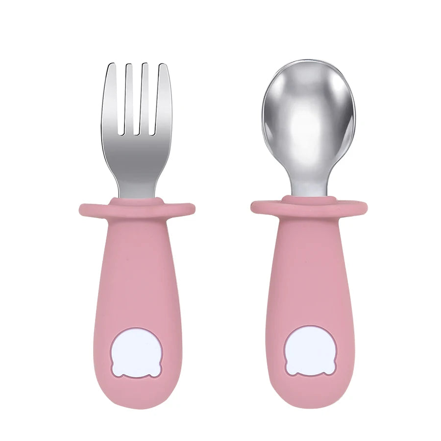 New Design Baby Feeding Solid Food Spoon Fork Set BPA Free Silicone Handle Cartoon Bear Stainless Utensil Children's Tableware