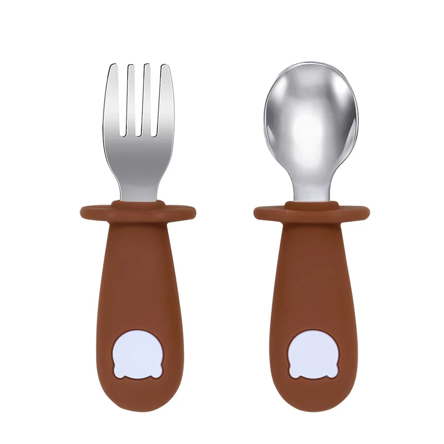 New Design Baby Feeding Solid Food Spoon Fork Set BPA Free Silicone Handle Cartoon Bear Stainless Utensil Children's Tableware