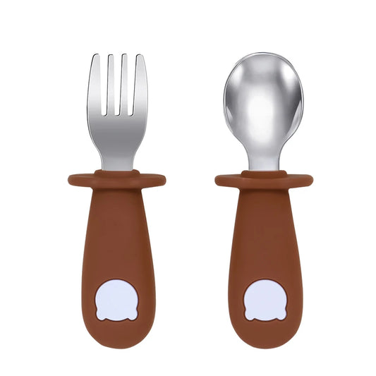 New Design Baby Feeding Solid Food Spoon Fork Set BPA Free Silicone Handle Cartoon Bear Stainless Utensil Children's Tableware