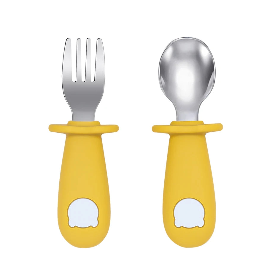 New Design Baby Feeding Solid Food Spoon Fork Set BPA Free Silicone Handle Cartoon Bear Stainless Utensil Children's Tableware