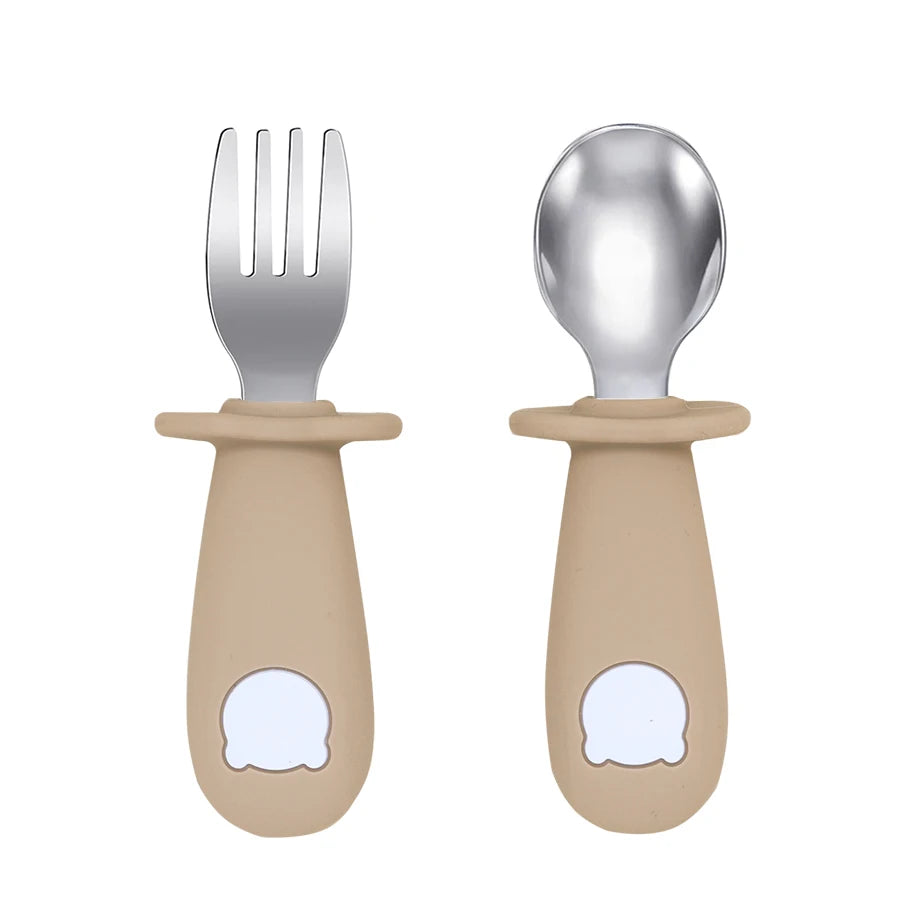 New Design Baby Feeding Solid Food Spoon Fork Set BPA Free Silicone Handle Cartoon Bear Stainless Utensil Children's Tableware