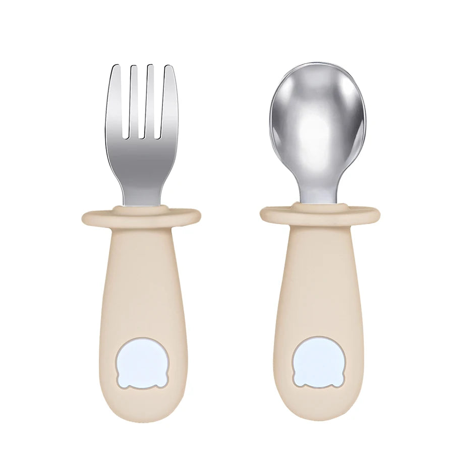 New Design Baby Feeding Solid Food Spoon Fork Set BPA Free Silicone Handle Cartoon Bear Stainless Utensil Children's Tableware