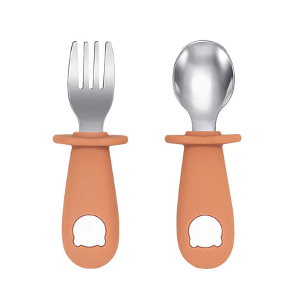 New Design Baby Feeding Solid Food Spoon Fork Set BPA Free Silicone Handle Cartoon Bear Stainless Utensil Children's Tableware