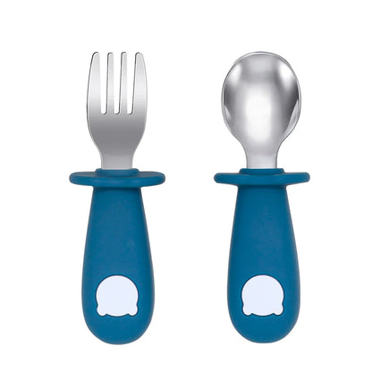 New Design Baby Feeding Solid Food Spoon Fork Set BPA Free Silicone Handle Cartoon Bear Stainless Utensil Children's Tableware