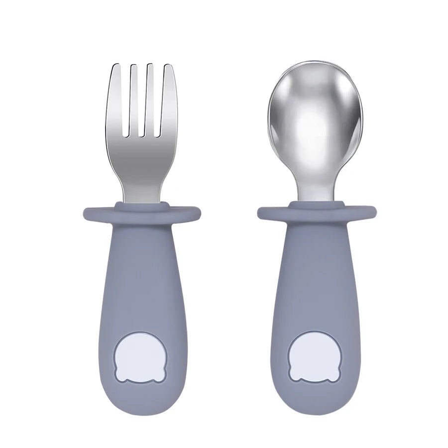 New Design Baby Feeding Solid Food Spoon Fork Set BPA Free Silicone Handle Cartoon Bear Stainless Utensil Children's Tableware