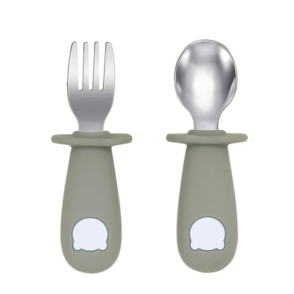 New Design Baby Feeding Solid Food Spoon Fork Set BPA Free Silicone Handle Cartoon Bear Stainless Utensil Children's Tableware