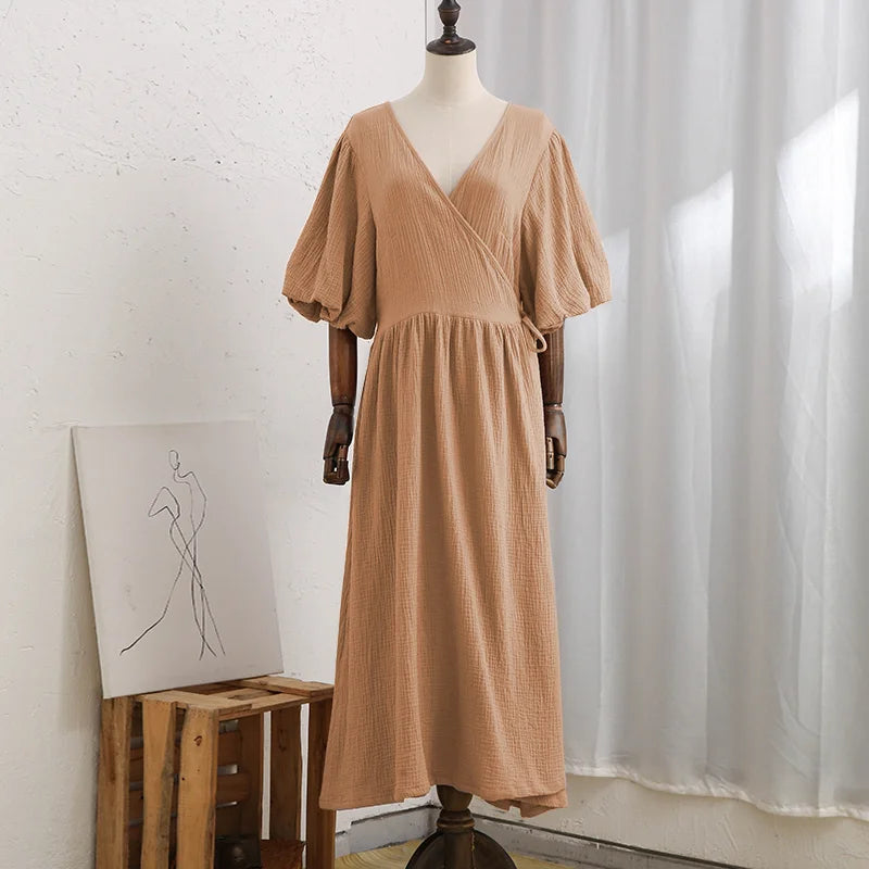 Vintage 100% Cotton Women'S Dress Retro Crepe Gauze V-Neck Puff Sleeve Bandage Lace Up Elegant Dresses For Women Long Maxi Robe