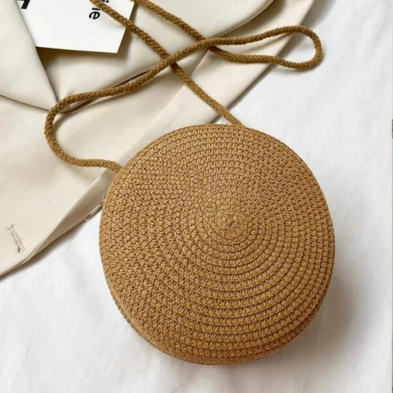 Minimalist Straw Bag Round Crossbody Purse Women Shoulder Vocation Style Handbag