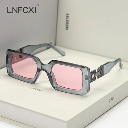 LNFCXI Retro Square Female Male Top Sunglasses Women Brand Designer Trend Pink Diamond Connecting Frame Legs Sun Glasses Men