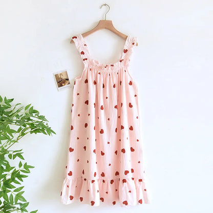 New 100% Cotton Crepe Floral Print Pajamas Nightdress Ladies Suspender Comfortable Sweat Absorption Loose Nightwear Women