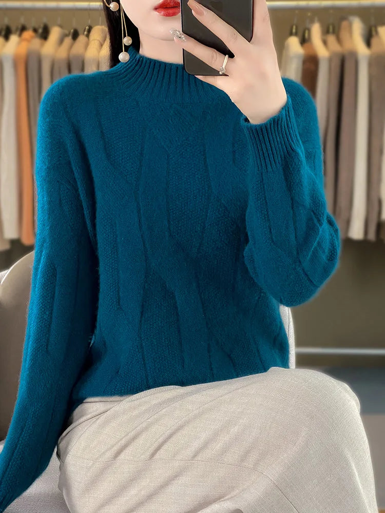 Women's Soft Wool Sweater Half-high Collar Twisted Thickened Pullover Autumn Winter Casual Basis Top Cashmere Female Knitwear