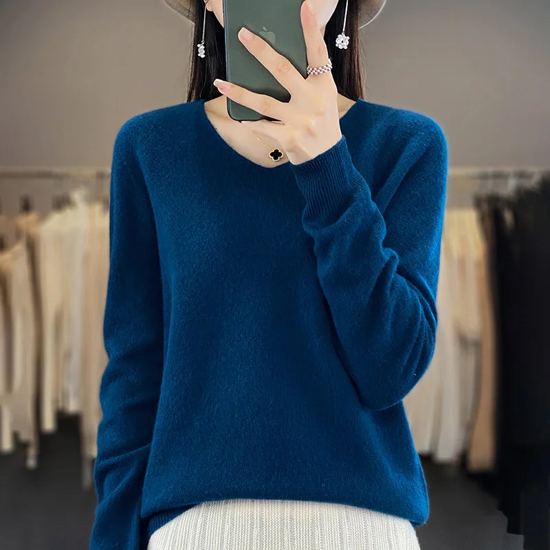 100% Pure Wool Soft Sweater Women Autumn Winter First Line Seamless Low V-neck Pullover Basis Casual Cashmere Warm Knitting Top