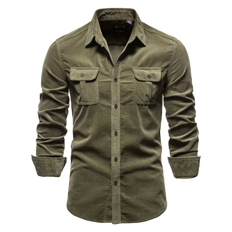 Single Breasted 100% Cotton Men's Shirt Business Casual Fashion Solid Color Corduroy Men Shirts Autumn Slim Shirt Men