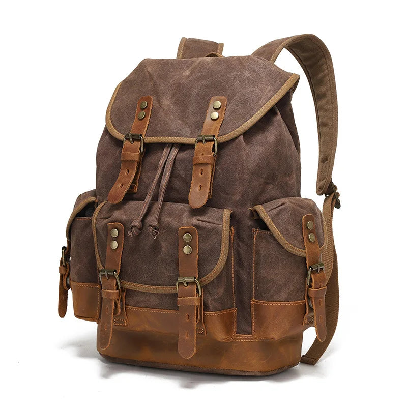 Men's leather backpack for men mochila hombre High Capacity Waxed Canvas Vintage Backpack for School Hiking Travel Rucksack