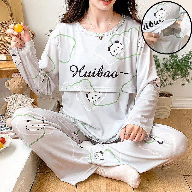 Postpartum woman lactation pajamas set autumn nursing leisurewear cartoon pregnant maternity breastfeeding tops long trousers