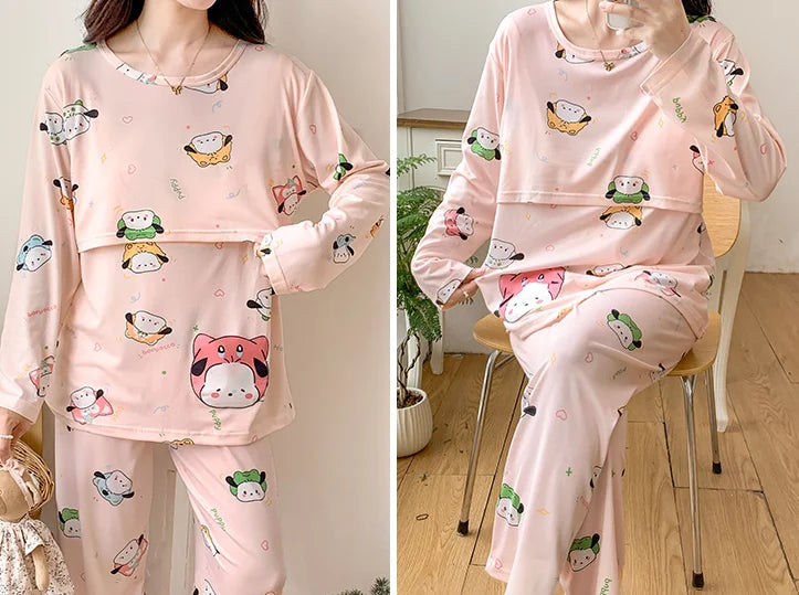 Postpartum woman lactation pajamas set autumn nursing leisurewear cartoon pregnant maternity breastfeeding tops long trousers