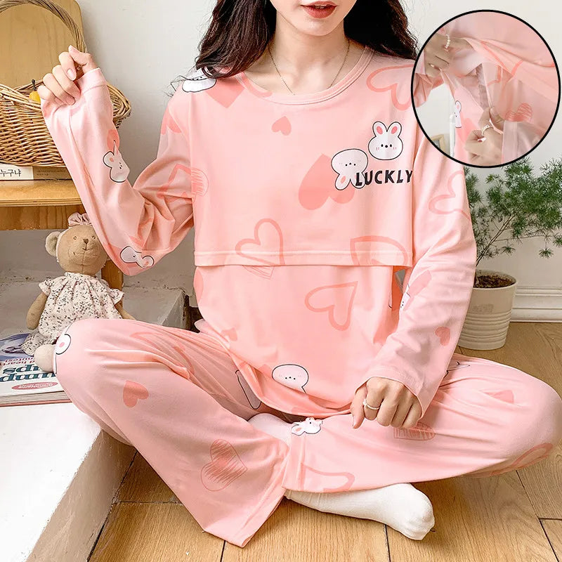 Postpartum woman lactation pajamas set autumn nursing leisurewear cartoon pregnant maternity breastfeeding tops long trousers