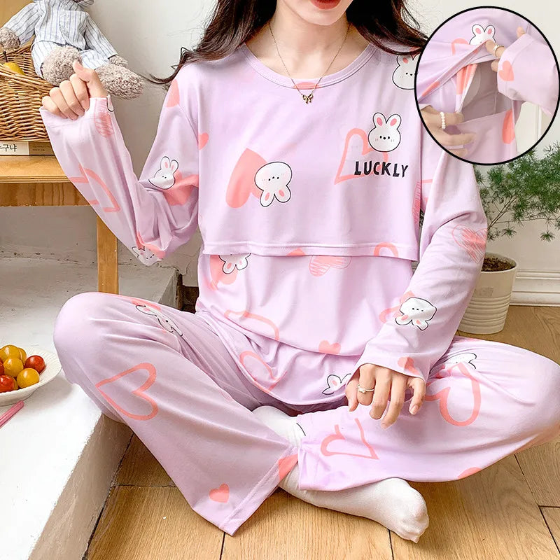 Postpartum woman lactation pajamas set autumn nursing leisurewear cartoon pregnant maternity breastfeeding tops long trousers