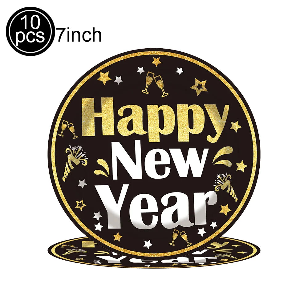 New Year Theme Disposable Tableware Paper Plates Cups Napkins Happy New Year 2025 Black Golden Party Decoration Supplies