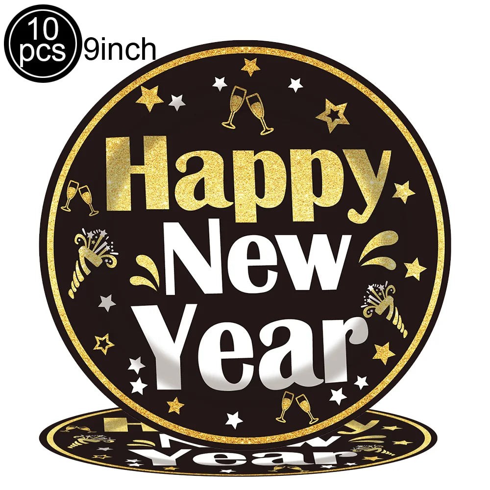 New Year Theme Disposable Tableware Paper Plates Cups Napkins Happy New Year 2025 Black Golden Party Decoration Supplies