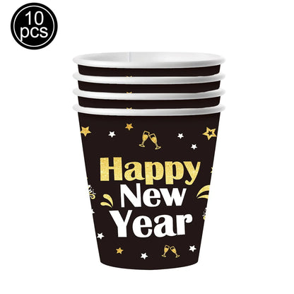 New Year Theme Disposable Tableware Paper Plates Cups Napkins Happy New Year 2025 Black Golden Party Decoration Supplies