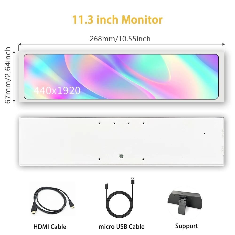 LESOWN 11.3 8.8 7.9 inch Long Bar Monitor IPS 1920x480 White USB HDMI-Compatible mini Strip LCD Screen Display with Support